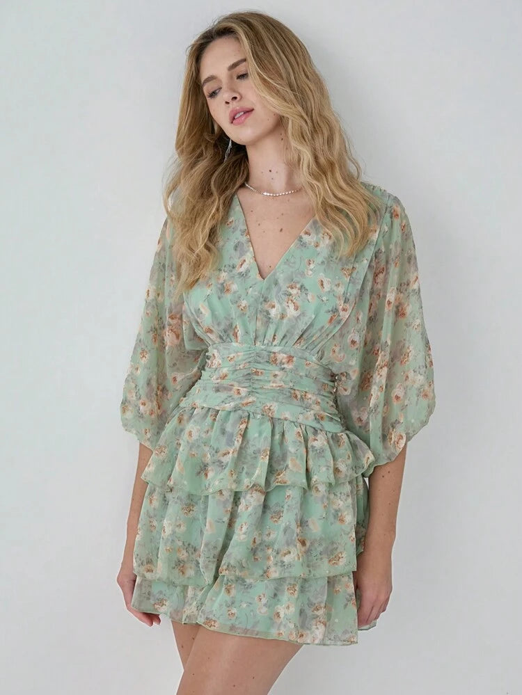 Women Summer Elegant Ditsy Floral Lantern Sleeve Dess