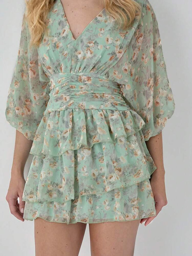 Women Summer Elegant Ditsy Floral Lantern Sleeve Dess