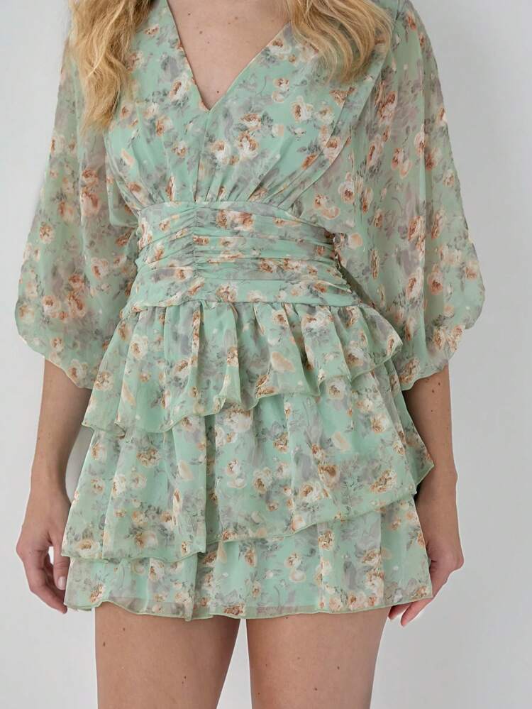 Women Summer Elegant Ditsy Floral Lantern Sleeve Dess