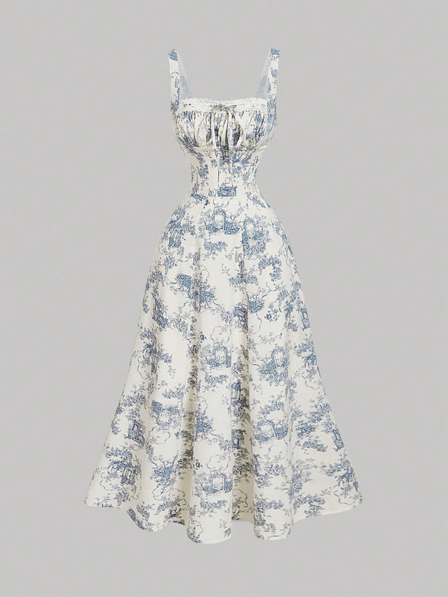 Women's Summer Full Print Waist Spliced Lace Dress