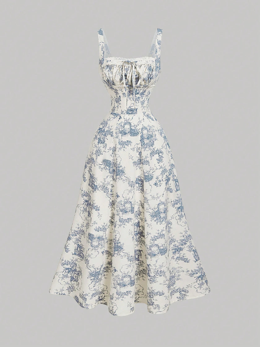 Women's Summer Full Print Waist Spliced Lace Dress