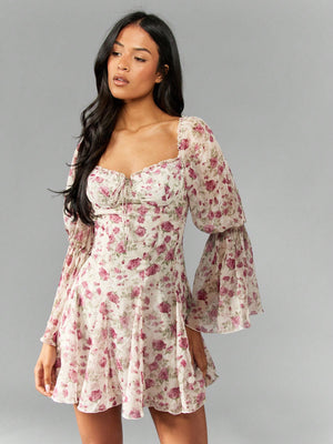 Floral Chiffon Puff Sleeve Sweetheart Neckline Empire Waist Mini Dresses