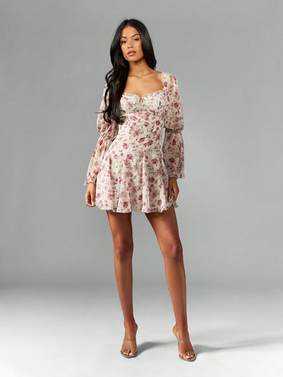 Floral Chiffon Puff Sleeve Sweetheart Neckline Empire Waist Mini Dresses