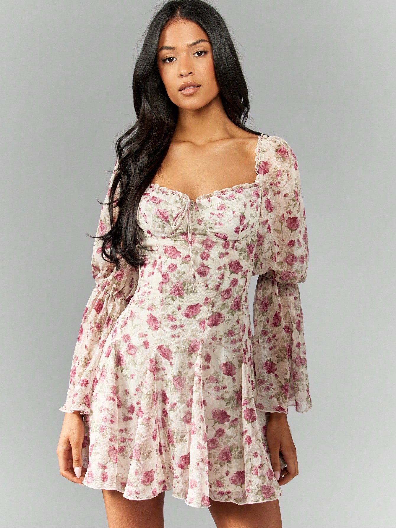 Floral Chiffon Puff Sleeve Sweetheart Neckline Empire Waist Mini Dresses