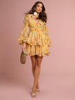 Sunshine Yellow Floral Print Deep V-Neck Lantern Sleeve Ruffled Short Dress