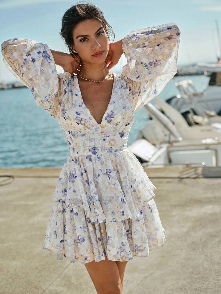 Enchnt Women's Elegant Flower All-Over Print Lantern Sleeve Mini Dress