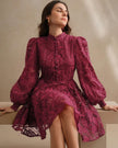 Women's Autumn Stand Collar Lantern Sleeve Fitted Sheer Floral Embroidered Elegant Dress