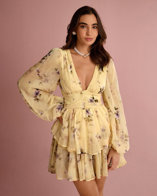 Floral Print Deep V-Neck Lantern Sleeve Mini Dress