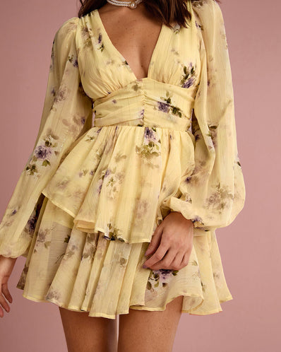 Floral Print Deep V-Neck Lantern Sleeve Mini Dress