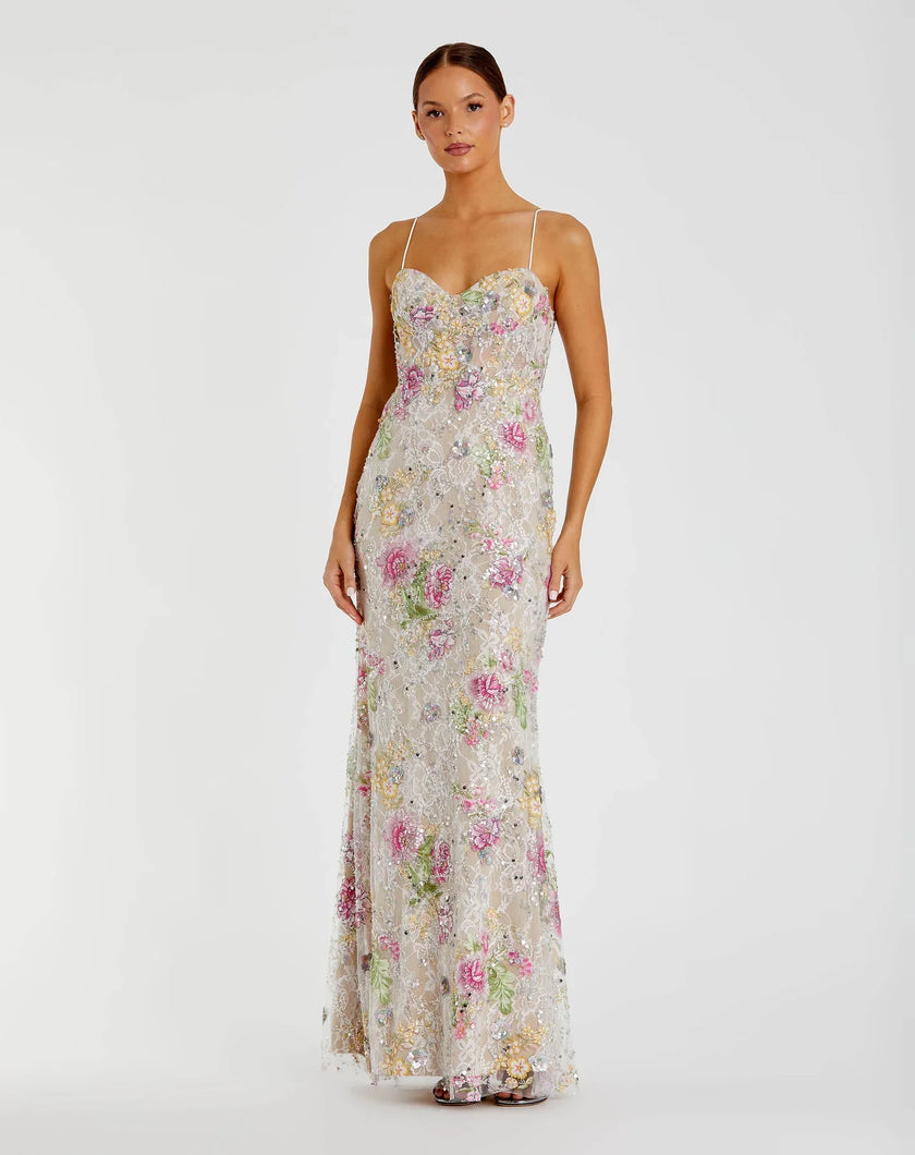 Floral Embellished Sleeveless Bustier Gown