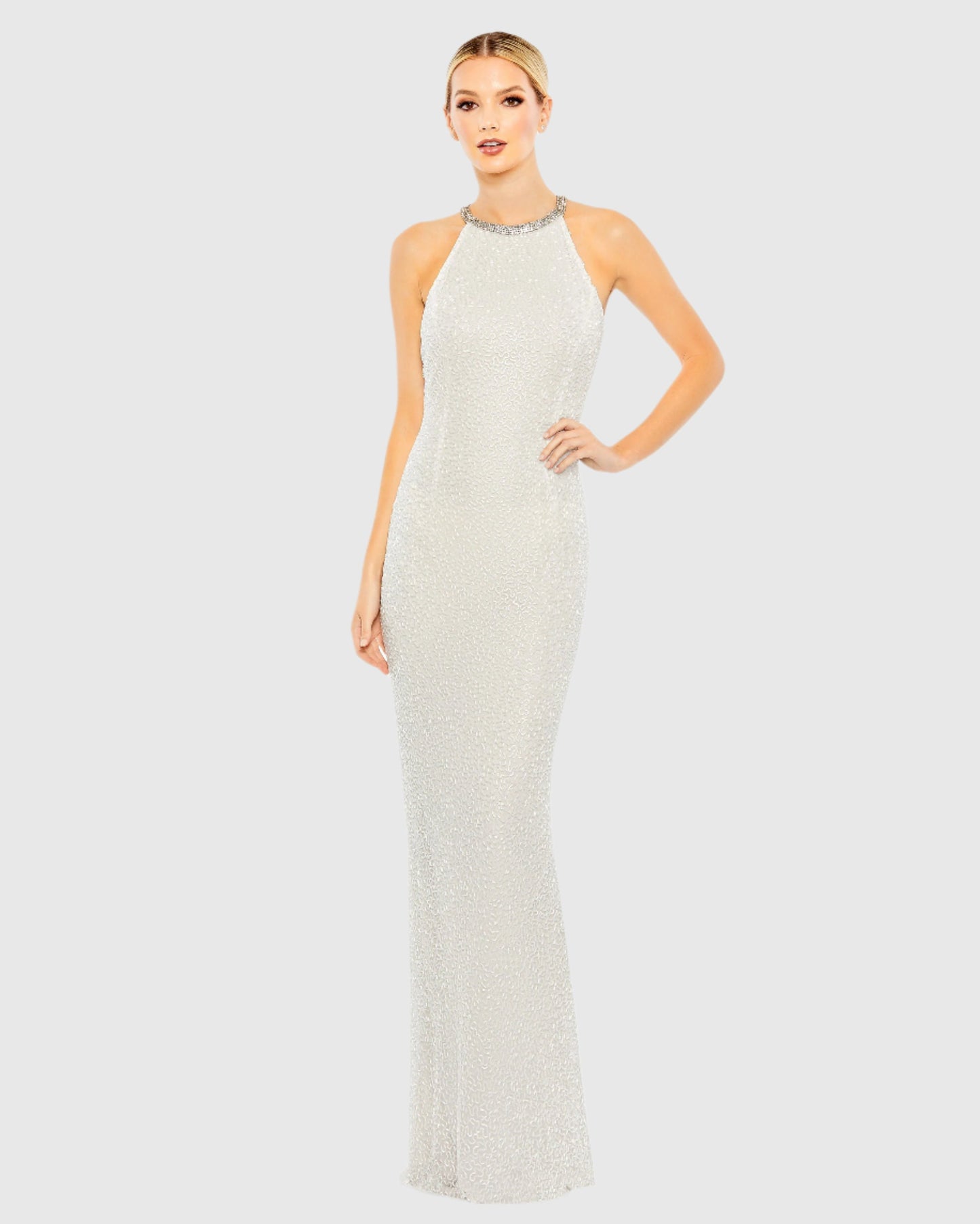 Glamorous White Sequin Halter Neck Gown