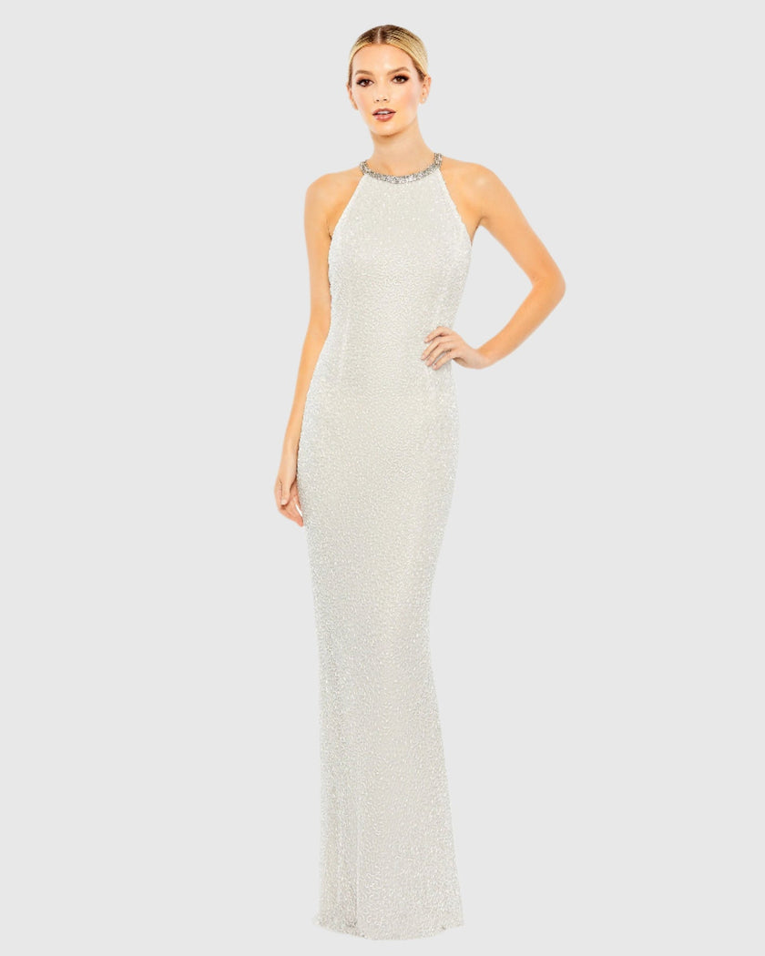 Glamorous White Sequin Halter Neck Gown