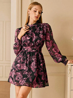 Full Printed Lantern Sleeve Dress