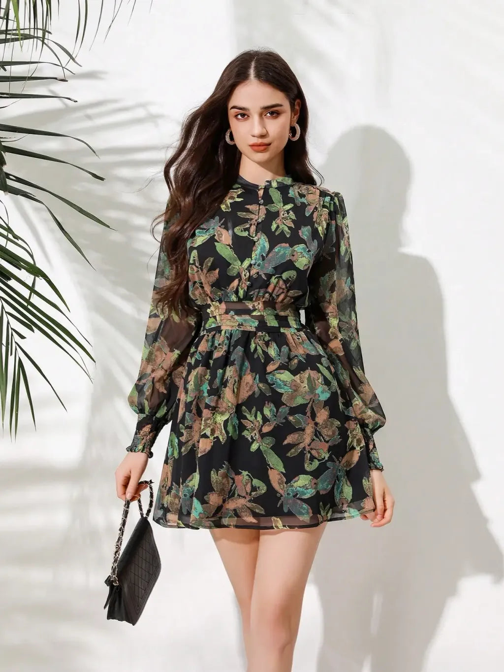 Full Printed Lantern Sleeve Dress