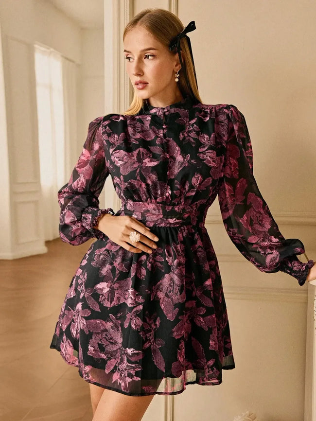 Full Printed Lantern Sleeve Dress
