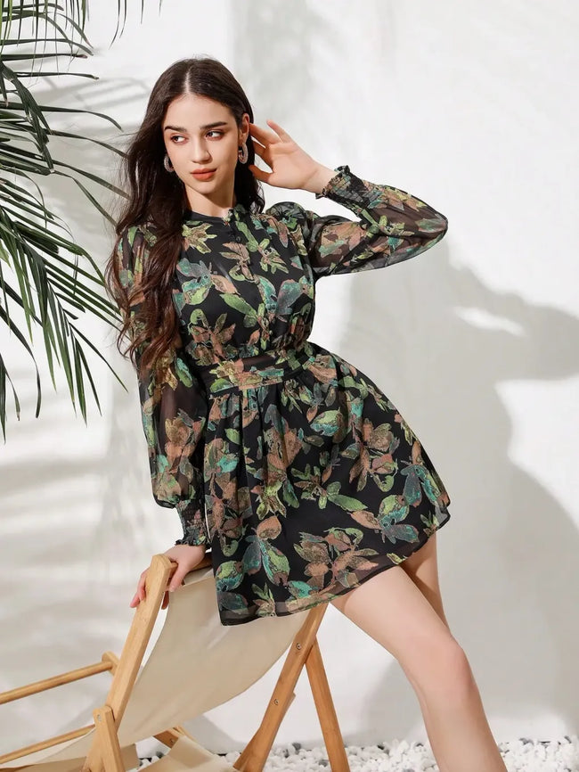 Full Printed Lantern Sleeve Dress