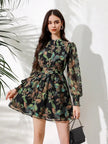 Full Printed Lantern Sleeve Dress