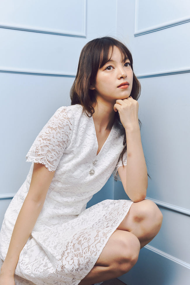 V-Neckline White Lace Dress
