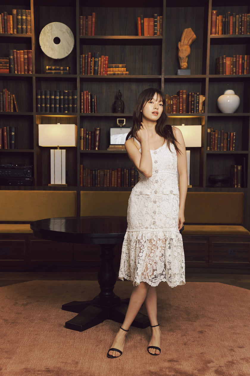 Thin Straps White Lace Maxi Dress