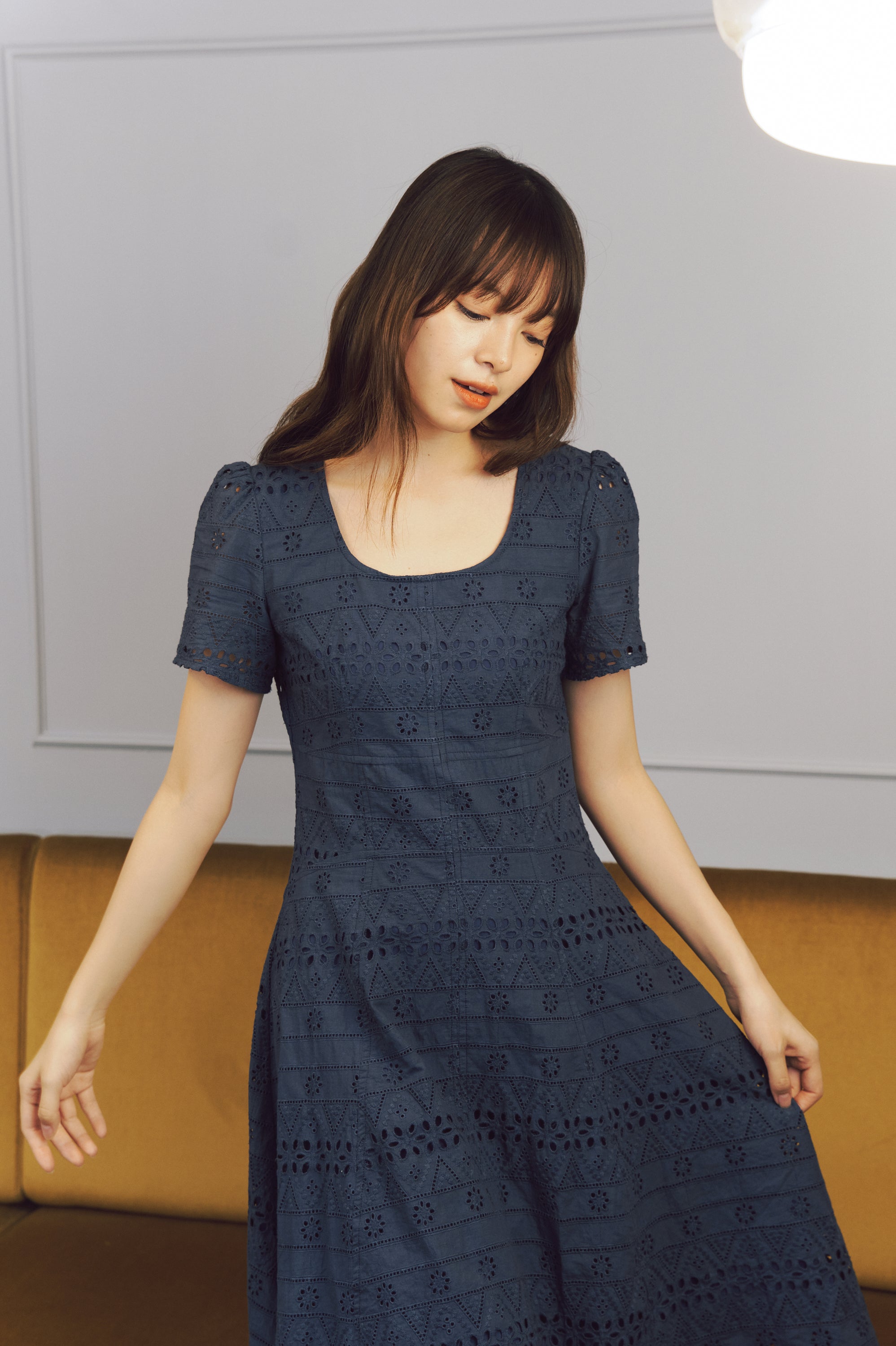 Elegant Navy Blue Eyelet Midi Dress