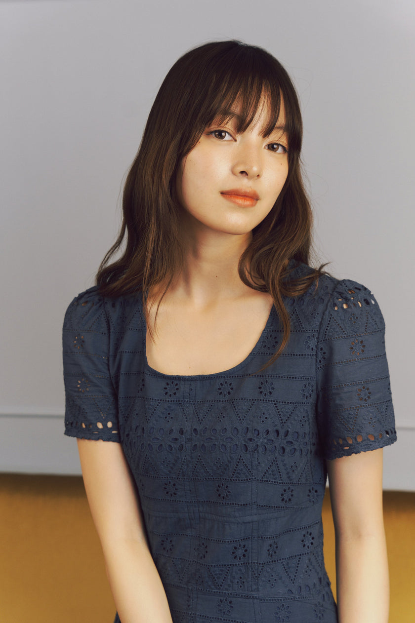 Elegant Navy Blue Eyelet Midi Dress