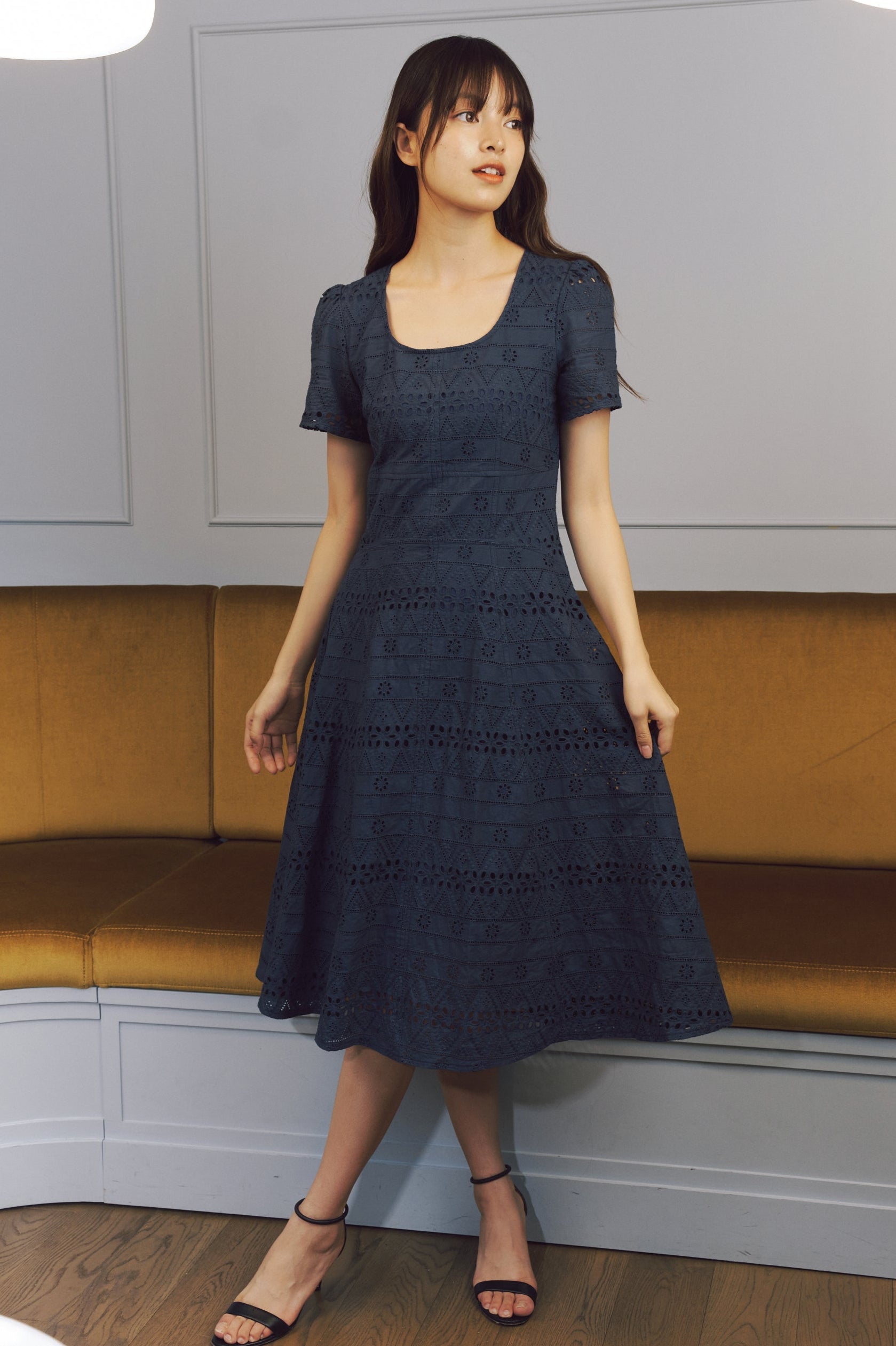 Elegant Navy Blue Eyelet Midi Dress