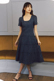 Elegant Navy Blue Eyelet Midi Dress