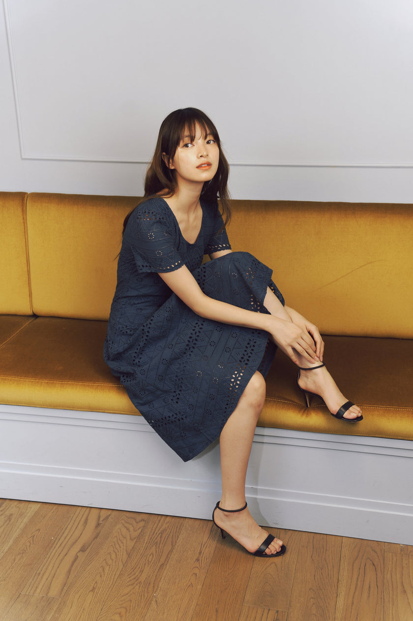 Elegant Navy Blue Eyelet Midi Dress