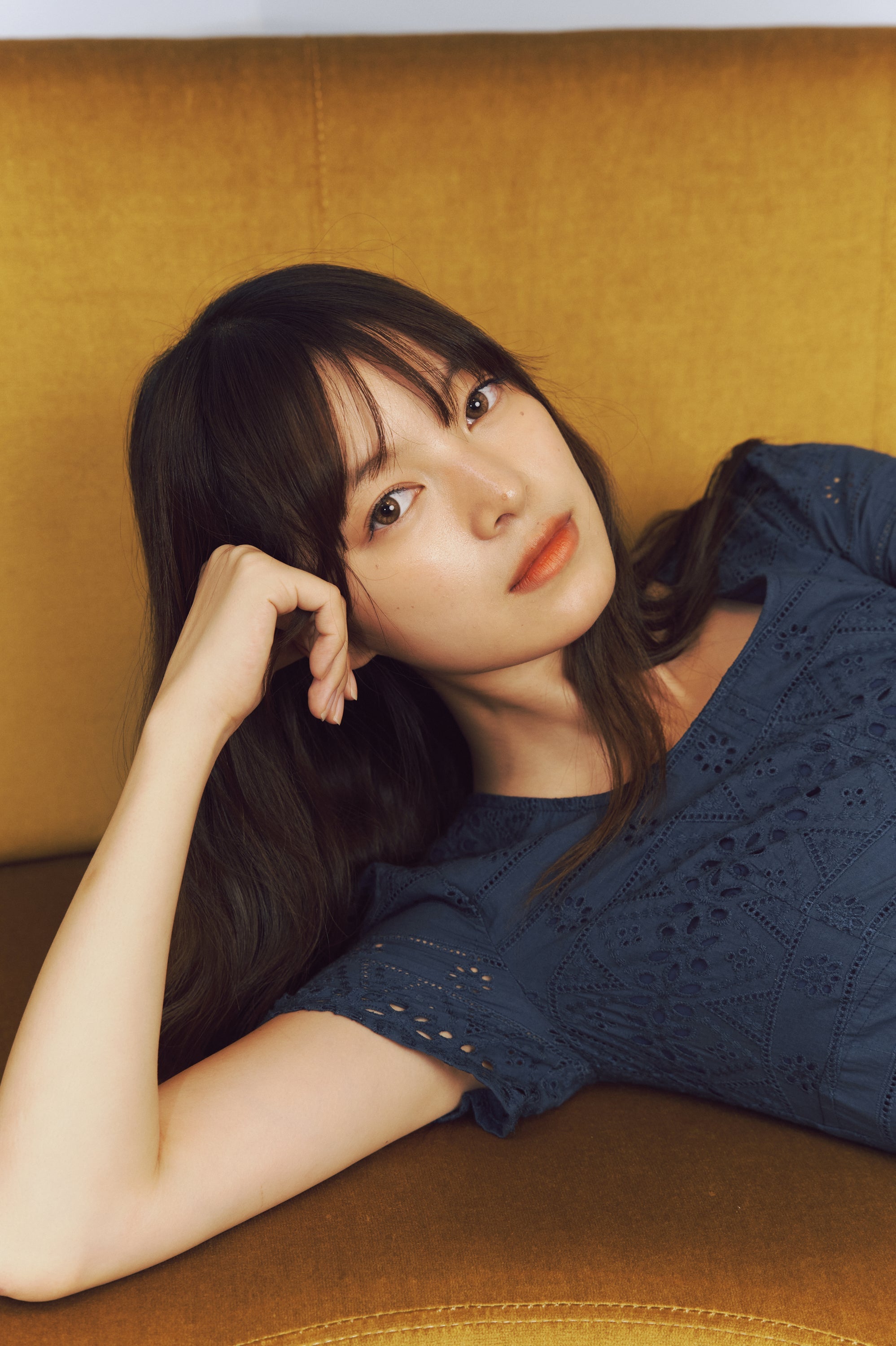 Elegant Navy Blue Eyelet Midi Dress