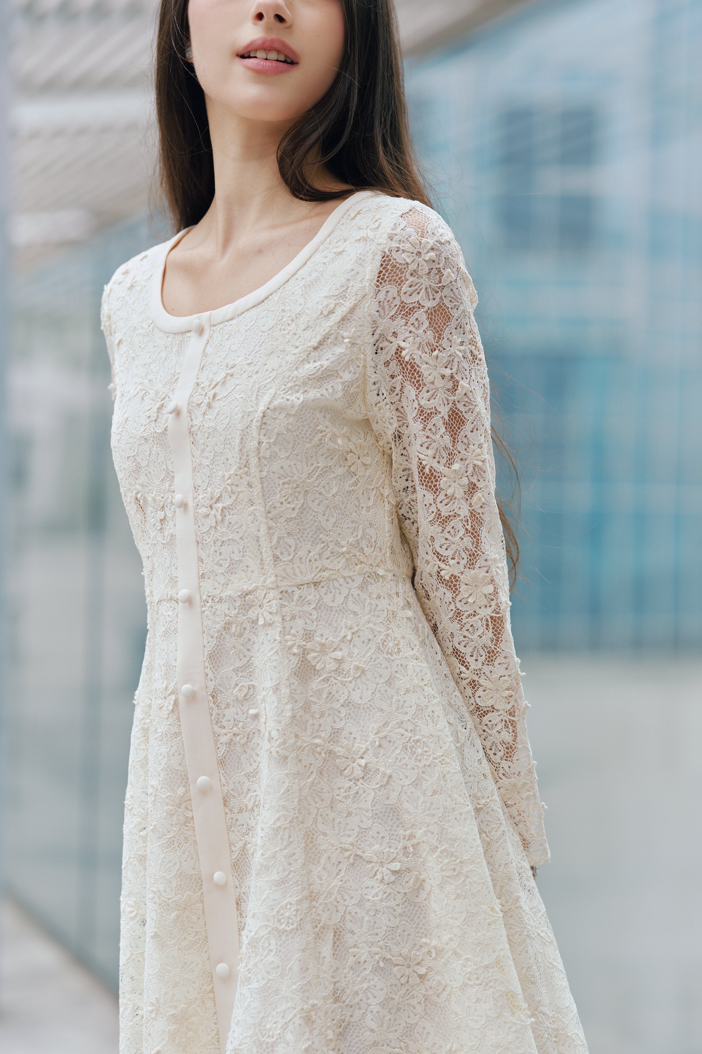 Women’s Beige Lace Floral Dress