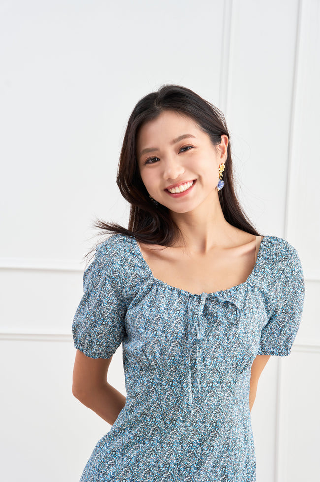 Chic Blue & White Floral Print Mini Dress