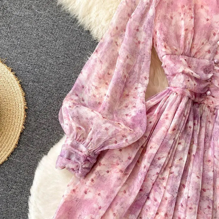 Lucuna - V-Neck Floral Puff-Sleeve Chiffon Dress