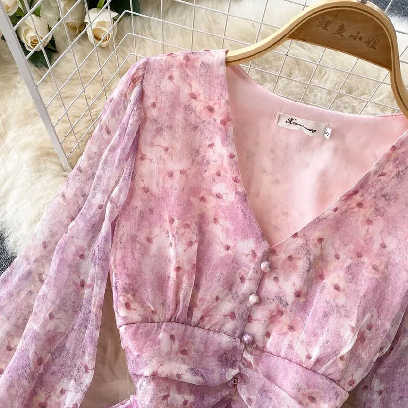 Lucuna - V-Neck Floral Puff-Sleeve Chiffon Dress