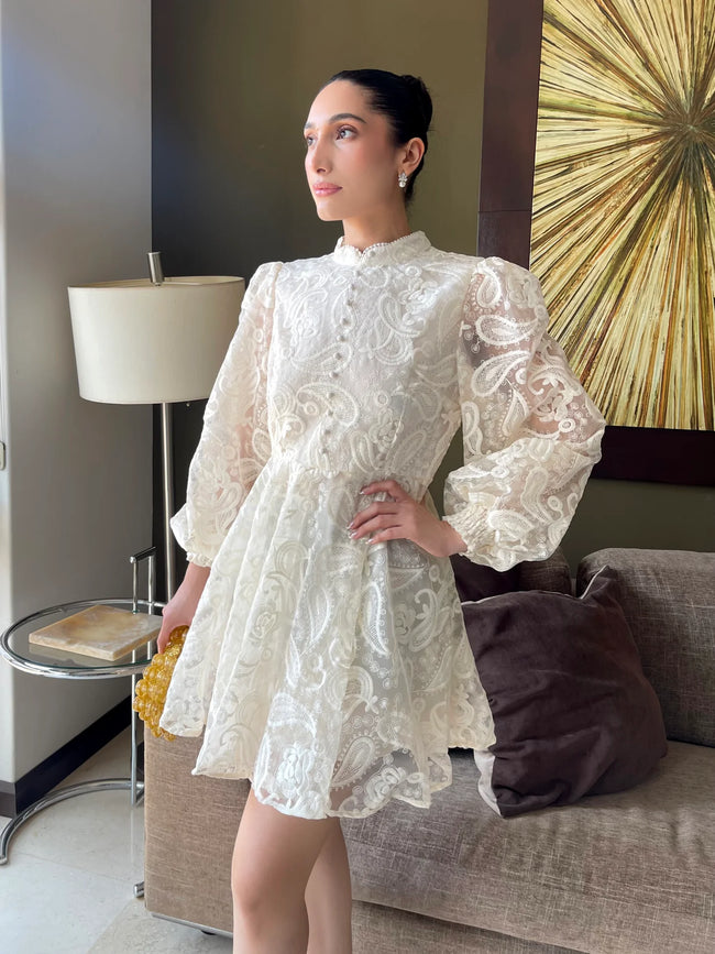 Beige Cocktail Dress with Embroidered Details