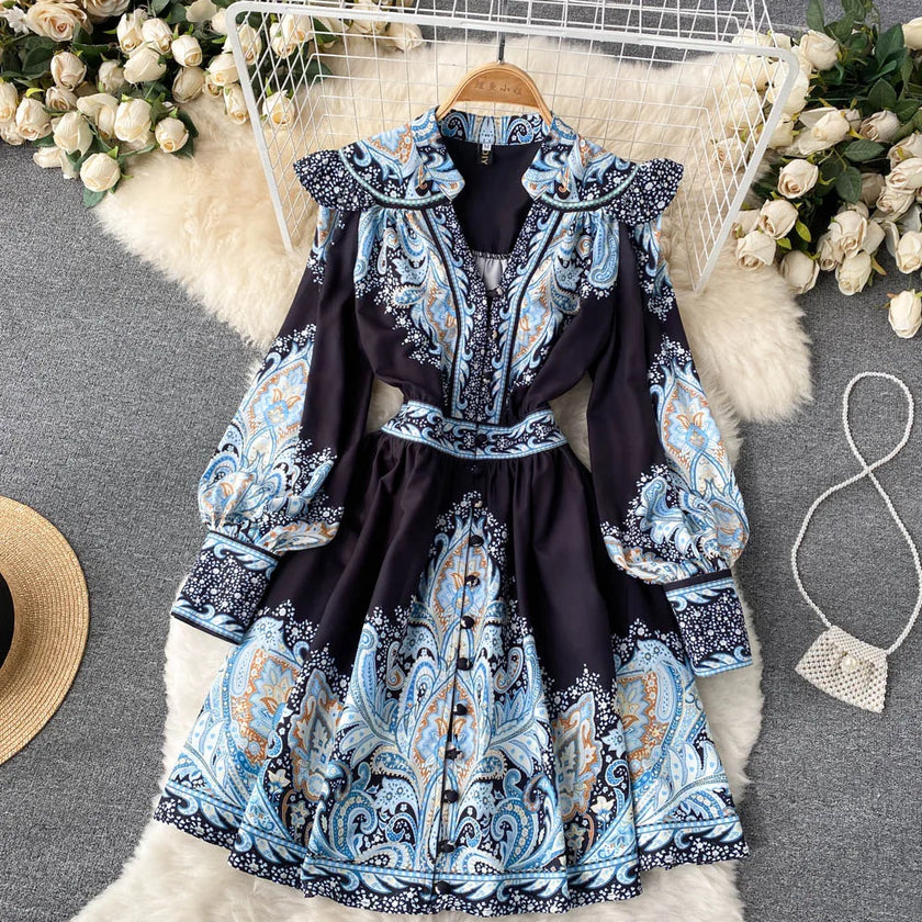 Women Sexy V-Neck Floral Printed Mini Dress