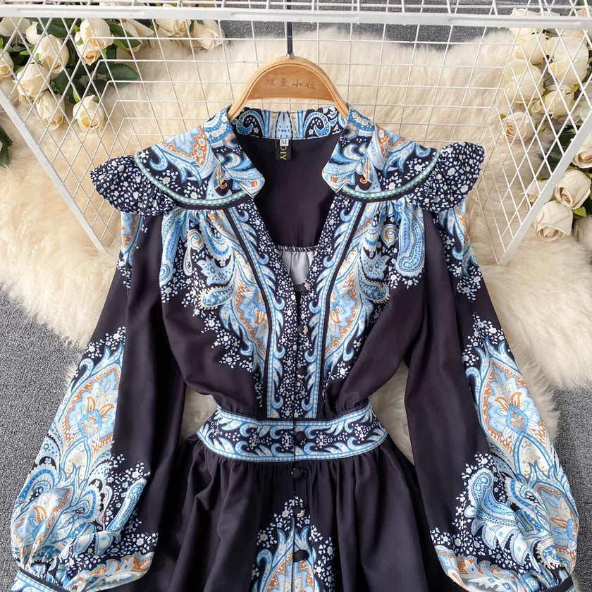 Women Sexy V-Neck Floral Printed Mini Dress