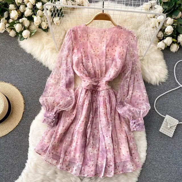 Lucuna - V-Neck Floral Puff-Sleeve Chiffon Dress