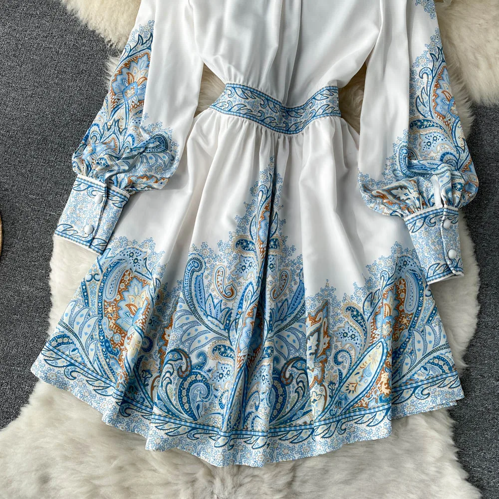 Retro Printing Chic V-neck Single Breasted A-line Short Dress