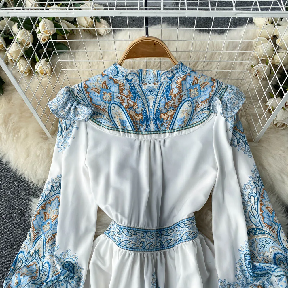 Retro Printing Chic V-neck Single Breasted A-line Short Dress