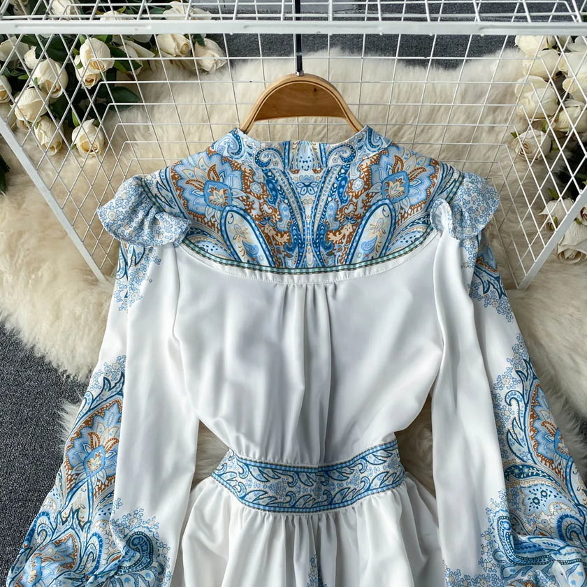 Retro Printing Chic V-neck Single Breasted A-line Short Dress