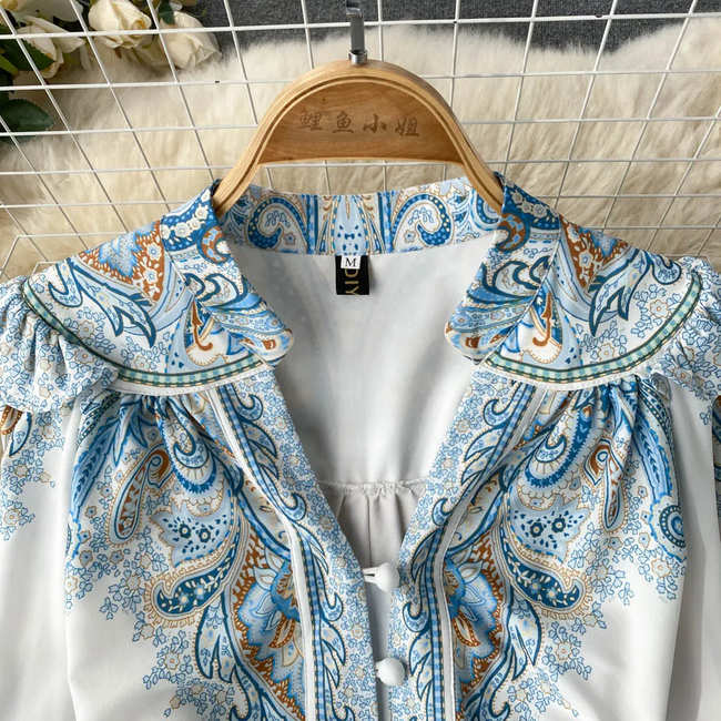 Retro Printing Chic V-neck Single Breasted A-line Short Dress