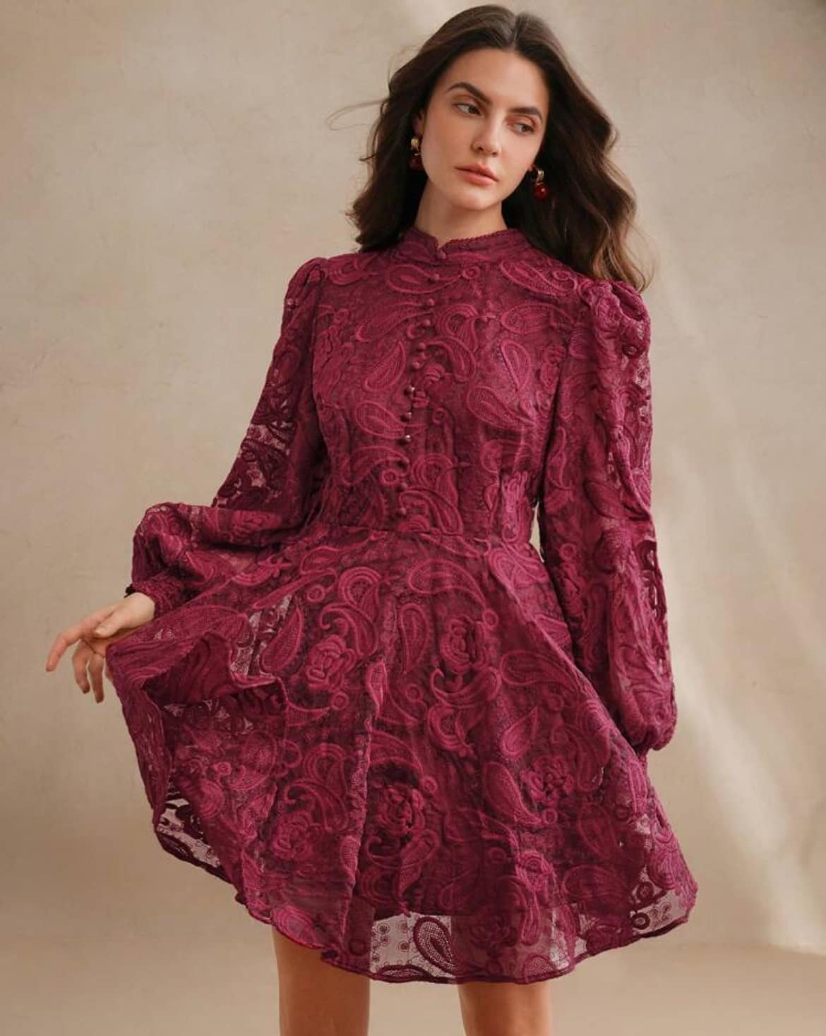 Women's Autumn Stand Collar Lantern Sleeve Fitted Sheer Floral Embroidered Elegant Dress
