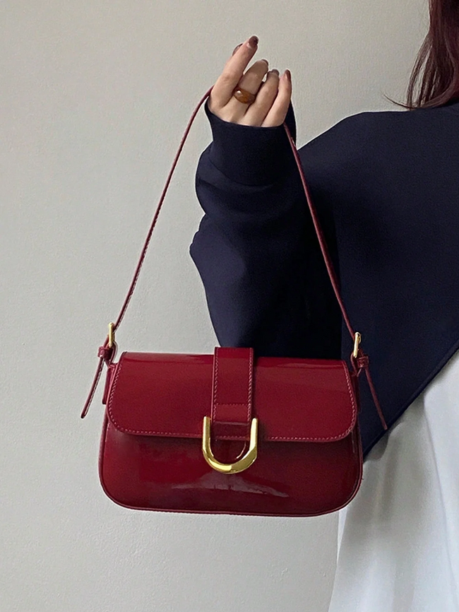 Glossy Cherry Red Patent Leather Shoulder Bag