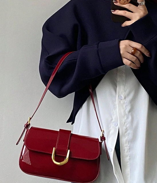 Glossy Cherry Red Patent Leather Shoulder Bag