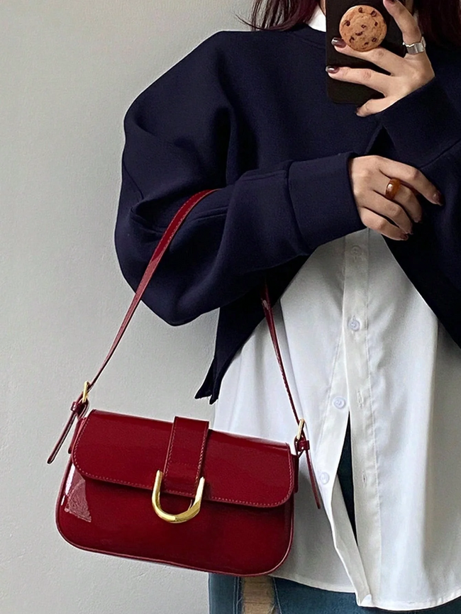 Glossy Cherry Red Patent Leather Shoulder Bag