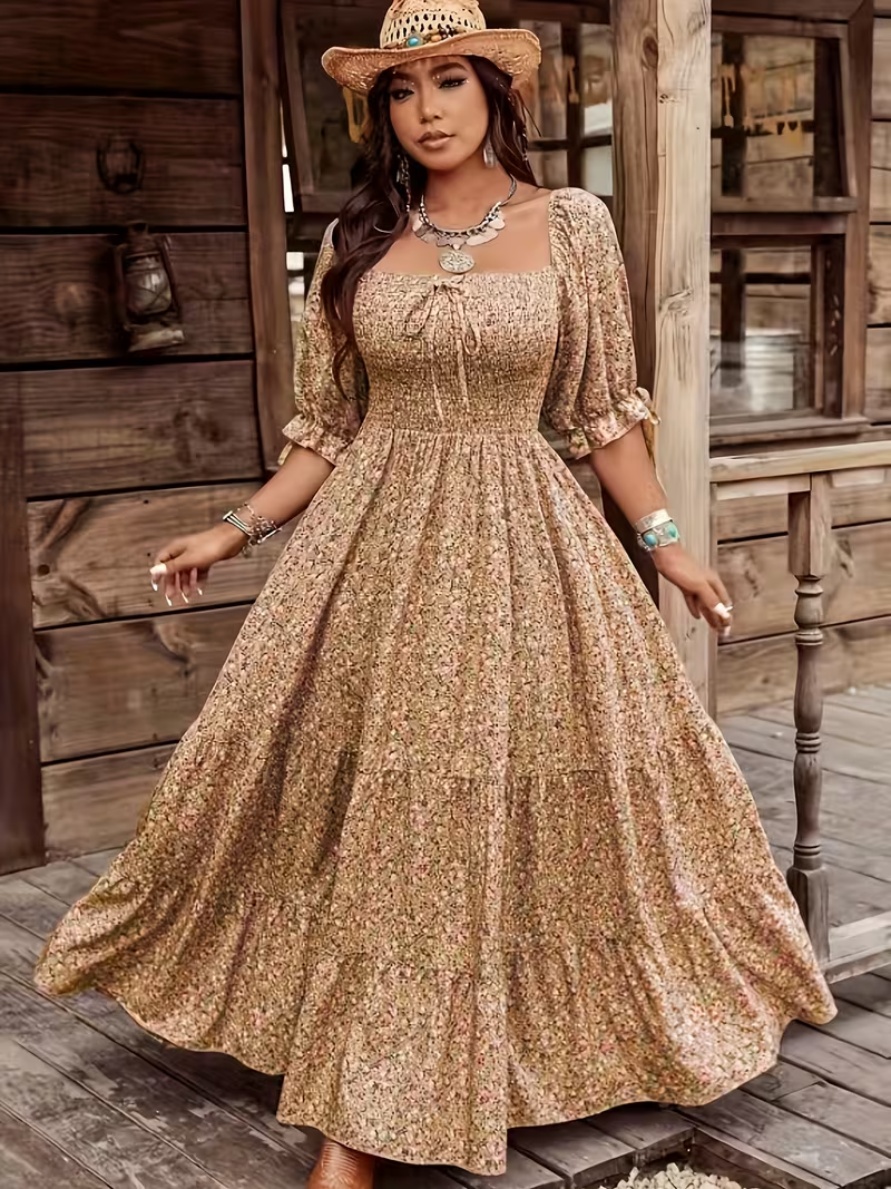 Women's Elegant Tropical Floral Print Square Neck Dress