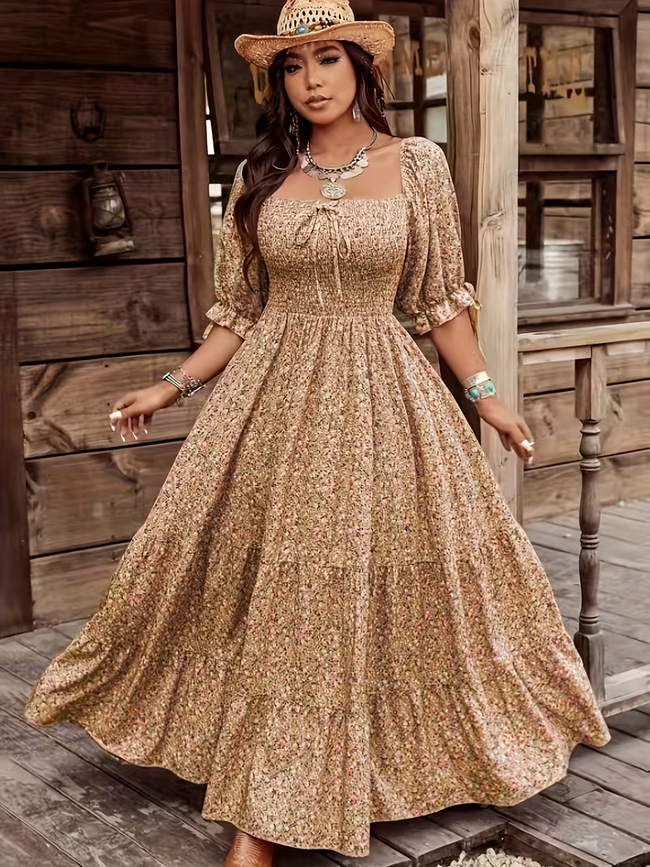 Women's Elegant Tropical Floral Print Square Neck Dress