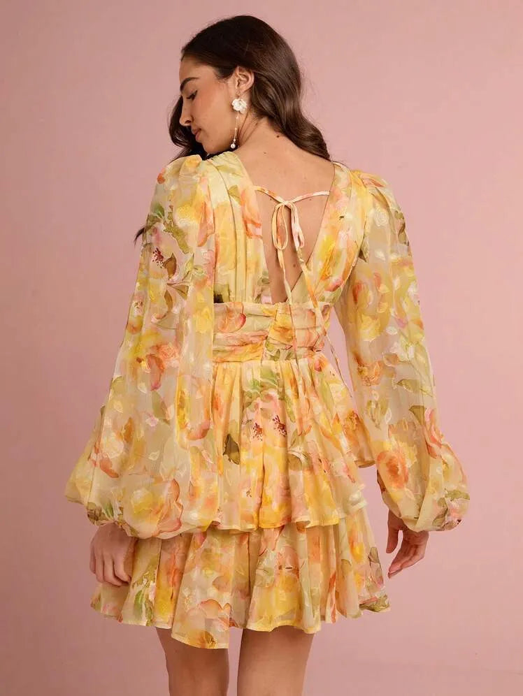 Sunshine Yellow Floral Print Deep V-Neck Lantern Sleeve Ruffled Short Dress