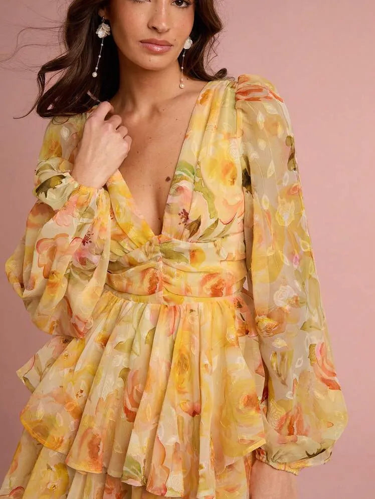 Sunshine Yellow Floral Print Deep V-Neck Lantern Sleeve Ruffled Short Dress