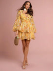 Sunshine Yellow Floral Print Deep V-Neck Lantern Sleeve Ruffled Short Dress
